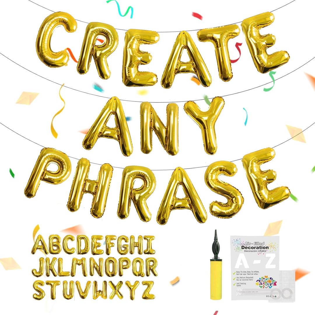 52 pcs Gold Foil Letter Balloons with Air Pump, 16 Inch 2 A-Z Sets - Mylar Alphabet Balloon Kit for Birthday Banner & Party Decorations