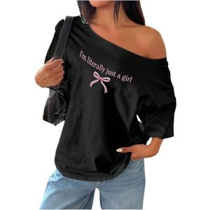 SHENHE Women's Off The Shoulder Oversized Bow Graphic Tee Shirt Short Sleeve Y2k Top Black X-Small