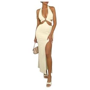 WDIRARA Women's Cut Out Halter Bodycon Dress Backless Side Slit Prom Long Dresses Beige Large