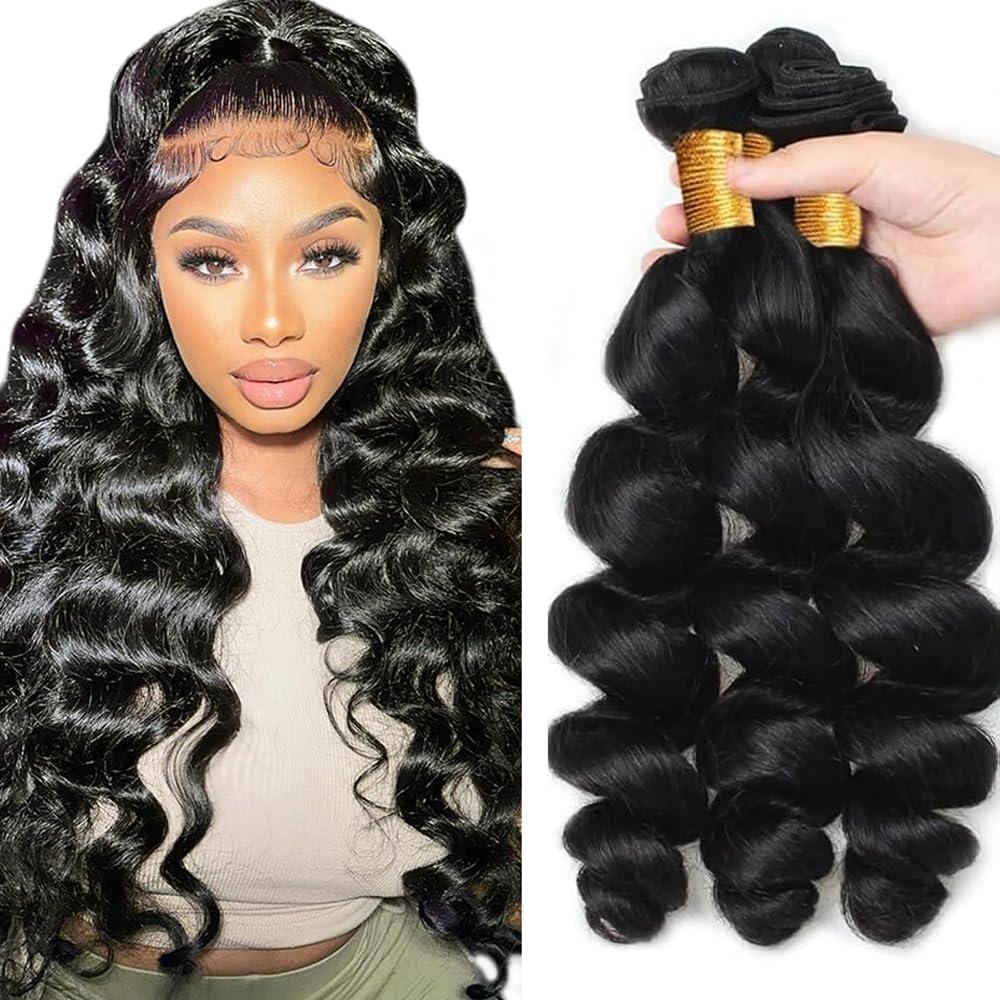 Loose Wave Bundles #1B Natural Black Human Hair Bundles 28 30 32 Inch Double Weft Loose Deep Human Hair Extensions For Women 50g/Bundle Total 150g