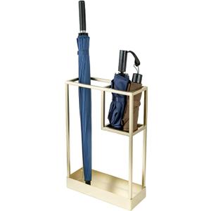 MyGift Modern Brass Tone Metal Entryway Umbrella Rack with Geometric Design, 13 x 5-inch Wide Rectangular Freestanding Cane Umbrella Holder with Shelf for Small Umbrellas and Bottom Drip Catch Tray