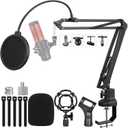 Boom Arm Suspension Mic Heavy Duty Microphone Arm for Blue Yeti, Hyperx Quadcast, Adjustable Boom Mic Stand Desk with Pop Filter, 1/4-3/8-5/8 Adapter, Mic Mounts,Broadcast