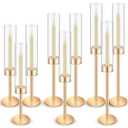 Yungyan 9 Pcs Gold Candlestick Holders Clear Glass Hurricane Candle Holder Bulk Vintage Candelabra Taper Tall Glass Hurricane Candle Cover for Christmas Wedding Table Centerpiece Decor