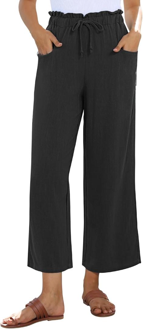 siliteelon Wide Leg Linen Pants for Women Summer Capri Palazzo Flowy Pants Casual Loose High Waist Trousers with Pockets (Black, L)