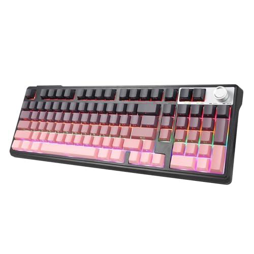 HUO JI Wireless Mechanical Gaming Keyboard with Knob, Bluetooth 5.0/2.4GHz/USB-C Wired, Hot Swappable Red Switches, Anti-Ghosting, Led Backlit, 96% Computer Keyboard for PC Gamer, Pink
