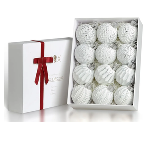 White and Silver Rustic Christmas Ball Ornaments, 3.15 inches Vintage Christmas Tree Decorations, 12 PCS Large Shatterproof Neutral Farmhouse Luxury Ornaments for Xmas Tree, Home Decor