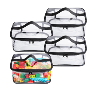 4 Packs Clear Toy Storage Bags- 9.4 x 6.7 x 4.3 Inch Transparent PVC Toy Organizing Bags with Zipper- Waterproof Toy Storage Organizer Pouch for Building Blocks, Small Toys (Black)