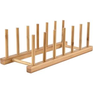 INNERNEED Bamboo Wooden Dish Rack, Vertical Plate & Lid Organizer for Kitchen Cabinet or Countertop, Drying Stand for Dishes, Cutting Boards