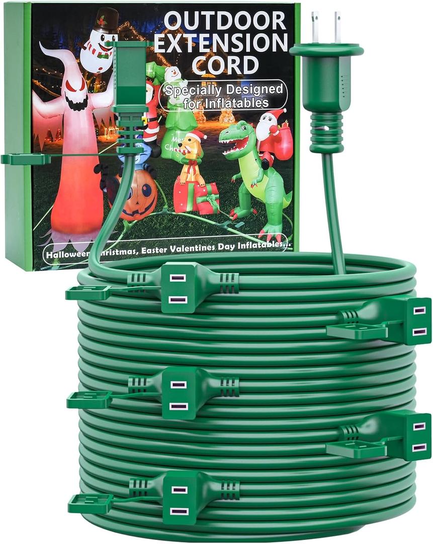 50FT Outdoor Extension Extension Cord for Halloween Christmas Inflatables with Multiple Outlets Green Electrical Cord with Multiple Plugs Outdoor Christmas Blow Up Decorations Light Extension Cords