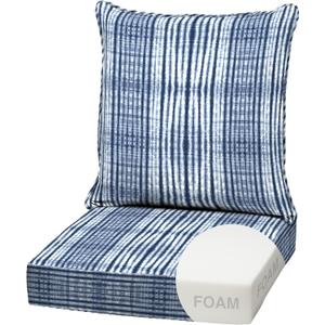 Arden Outdoor Foam Deep Seat Cushion Set, 22 in x 24 in, Weather-Proof, Rain-Proof, Fade Resistant Patio Cushion, Bottom and Back Cushion for Chair, Sofa, and Couch Blue Shibori Stripe, 1 Pack