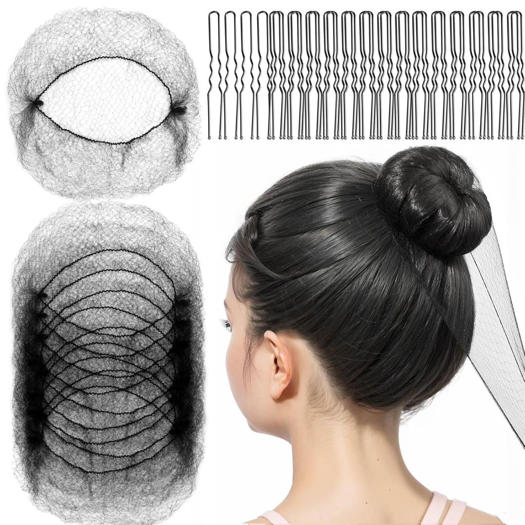 FANDAMEI 30cm Hair Net for Kids, Invisible Hair Nets 20PCS with 40PCS U Shaped Hair Pins, Hair Nets for Buns, Bun Hair Nets for Ballet Girls Hair Accessories Set for Women, Girls-Black