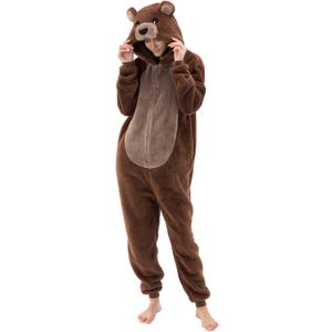 INT&TDR FANTASY Snug Fit Adult Bear Onesie Pajamas, Sherpa Cosplay Halloween Animal Zipper One Piece Costume (X-Small)