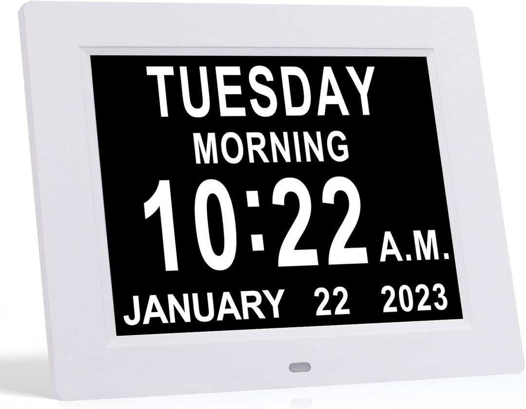 TMC 8 Inch Dementia Clock for Seniors - Medication Reminders, 12 Custom Alarms, Auto-Dimming Large Display Digital Calendar with Multi-Language Support USB Photo & Video Playback, Wall or Desk Mount