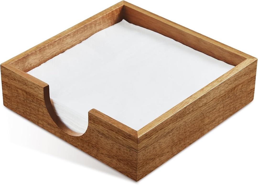 Acacia Wood Napkin Holder for Table, Napkins Holders For Paper Napkins, Flat Napkin Holder for Luncheon, Napkin Holders for Kitchen Dinner Table Decor, Napkin Dispenser for Indoor & Outdoor Use (7.32 x 7.32 x 2.2 inches)