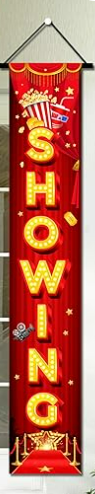 Movie Night Porch Sign Banner Red Neon Movie Theme Party Hanging Banner for Home Film Backdrop Movie Theater Welcome Now Showing Sign Door Couplet Decorations Supplies