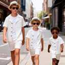 Kid Toddler Boy Clothes Short Sleeve Button-Down Shirt+Shorts+White Vest Summer Clothing Set 2-12 Years (White, M)