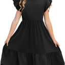 Haloumoning Girls Dresses Kids Summer Double Layer Ruffle Sleeve Dress 5-14 Years (7-8 Years, Black)