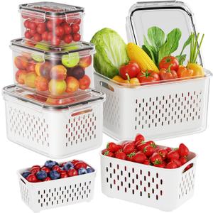 4 Pack Fruit Containers for Fridge with Removable Colanders,Stackable Refrigerator Organizer Bins Dishwasher & Microwave Safe Produce Containers Keep Fruits, Vegetables, Meat Fresh longer