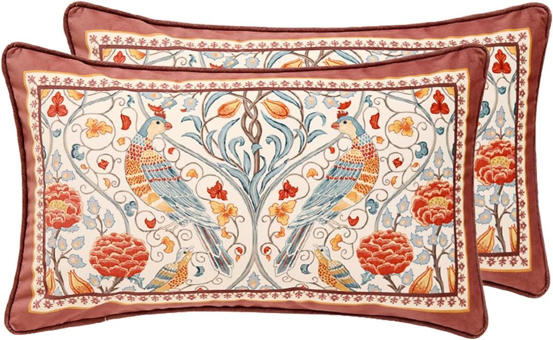 patdrea Designer Vintage Throw Pillow Covers 12"x20",Red Soft Velvet Lumbar Pillows Cover with Birds Floral Pattern,Rectangular Farmhouse Decorative Pillow for Couch Outdoor Set of 2