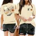 Halloween Shirts Women Fall Pumpkin Tshirt Ghost T Shirt Skeleton Tops Casual V Neck Short Sleeve Tees (Yellow, XL)