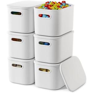 Amazon.com - 6 Pack White Storage Bins with Lids Stackable Storage Container for Organizing, Small Storage Boxes with Handle for Shelves, Cute Organizer Bins for Craft, Snacks, 9.85x6.9x5.7 inch