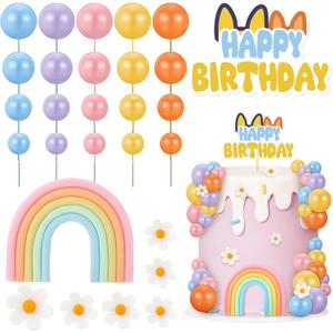 38 Pcs Rainbow Cake Topper with Daisy Balls Cake Topper, Pastel Cupcake Toppers Cake Decorations for Birthday Wedding Party Supplies