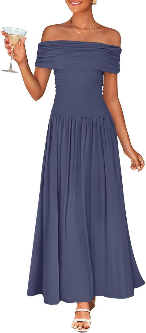ZESICA Women's Off The Shoulder Maxi Dress 2025 Summer Sleeveless Casual Slim Swing Pleated Formal Party Dresses (Large)