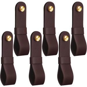 CroBlissful 6 Pcs Leather Curtain Rod Holders PU Leather Curtain Rod Bracket Mounted Loop Straps with Screws and Plastic Wall Plugs, Boho Pole Hanger Hook for Towel Oar Home Wall Display (Dark Brown)