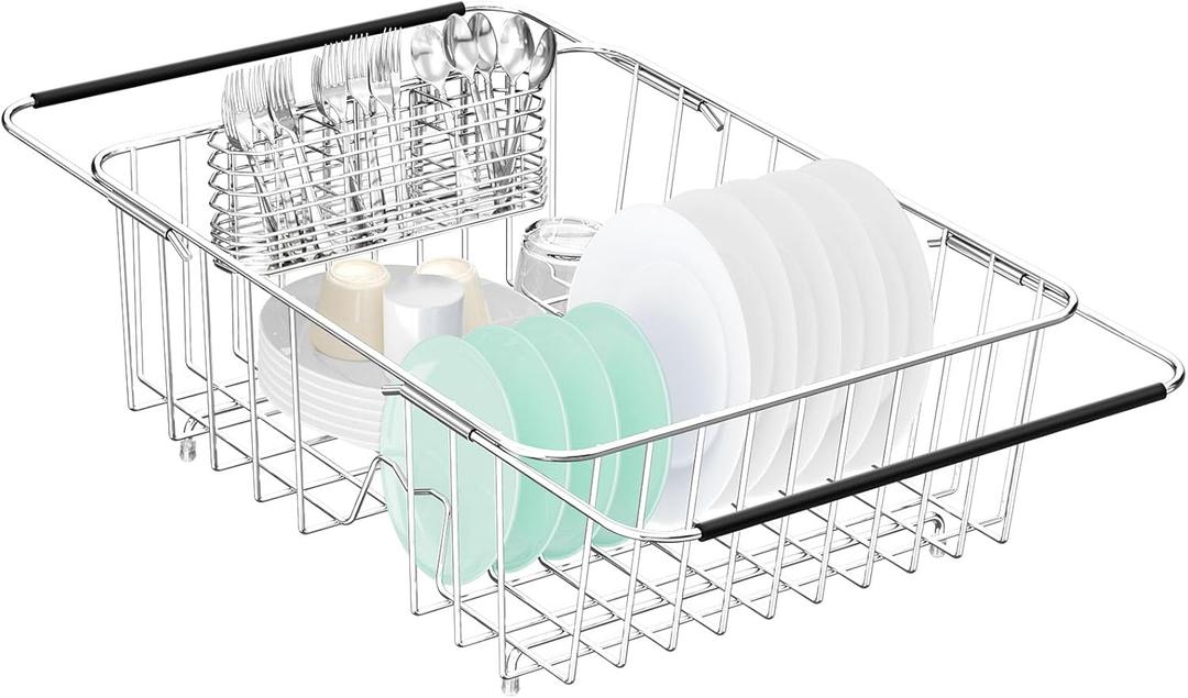 Fanbsy Large Dish Drainer Rack in Sink Adjustable, Expandable 304 Stainless Steel Metal Dish Drying Rack Organizer with Stainless Steel Utensil Holder Over Inside Sink Counter, Rustproof (Large - 14.9612.65.87 Inches)
