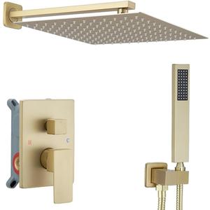 Brushed Gold Shower System 16 Inch Bathroom Luxury Rain Mixer Shower Combo Set Wall Mounted Rainfall Shower Head and Handheld System Shower Faucet Set Rough-in Valve Body and Trim Kit
