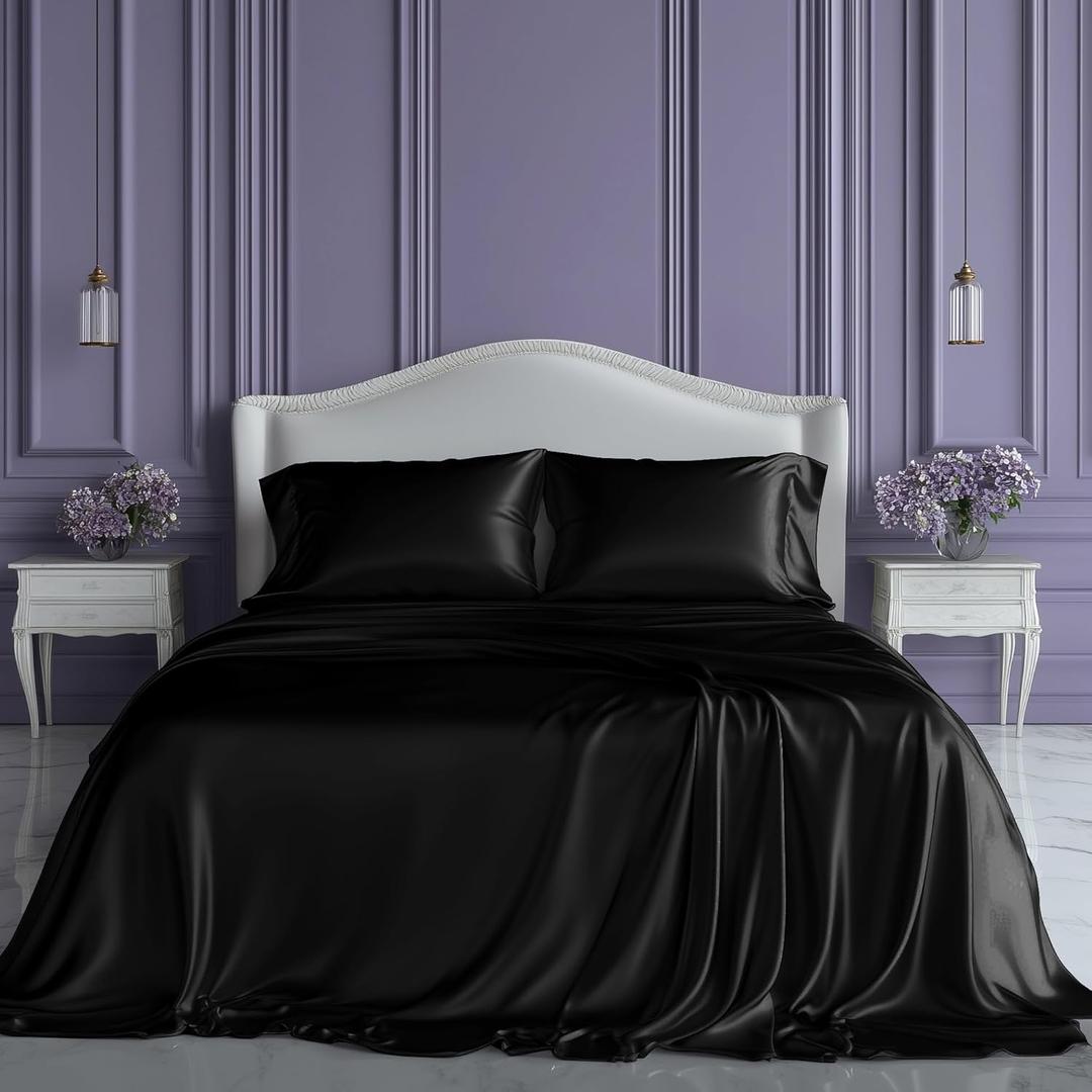 SLEEP SANCTUARY Satin Sheets King Size  4 Piece Luxury Silky Bed Set, Softer Than Silk, 15" Deep Pocket, Cooling & Wrinkle-Free, Moisture-Wicking & Breathable for Hair & Skin (Black)