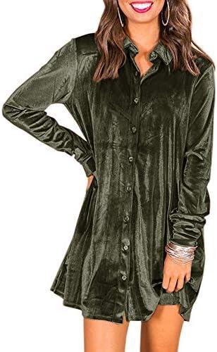 Caitefaso Womens Velvet Button Down T Shirts Swing Mini Dress Casual Long Sleeves Lapel Tunic Tops Medium