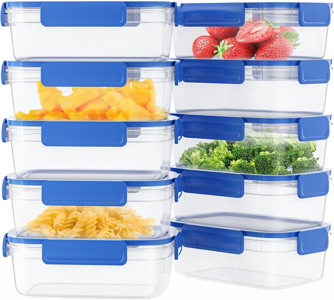 10-Pack Food Storage Containers with Airtight Leakproof Lids, BPA-Free Meal Prep Containers for Microwave/Dishwasher/Freezer, Blue, 47.3oz Each