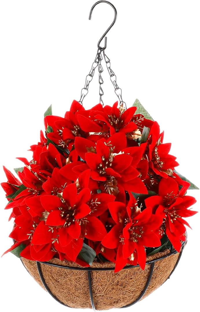 Retrowavy Artificial Christmas Poinsettia Flowers with Hanging Basket for Outdoor Decoration Christmas Hanging Baskets Artificial Poinsettias Plant Pot with Berries for Home Garden Xmas Decoration