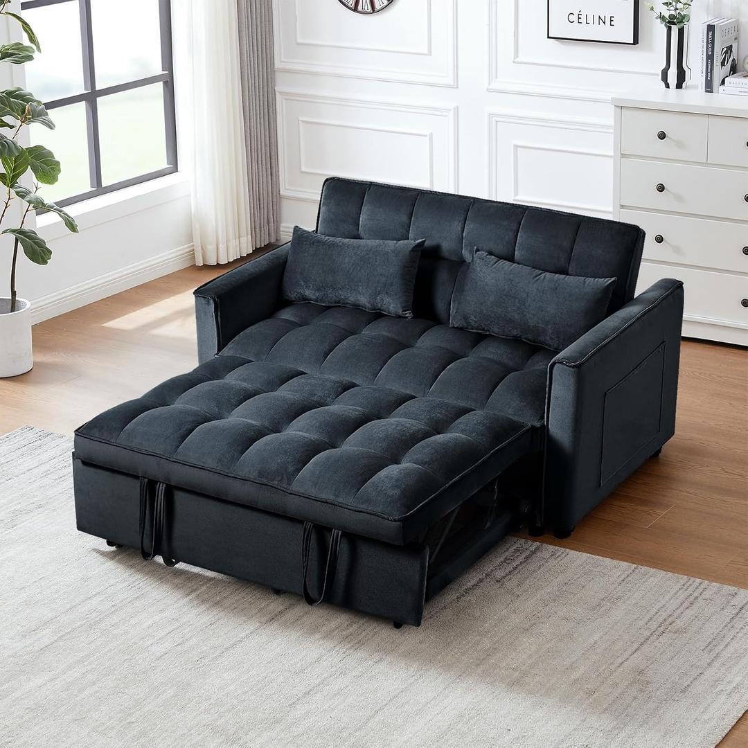 3 in 1 Convertible Sleeper Sofa Bed, Modern Pull Out Couch Bed, Adjustable Backrest, Velvet Loveseat Futon Sofa with Pillows & Pockets for Living Room Apartment (Black)