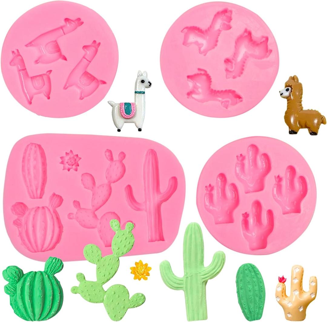 3 x Cactus Silicone Fondant Moulds 4 Pcs, Alpaca Cactus Llama Mold for Cake Decoration Chocolate Candy Sugar Cupcake Topper Cake Pop Popsicle Polymer Clay Crafts