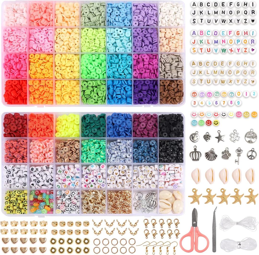 QUEFE 10500pcs Clay Beads Bracelet Making Kit, 42 Colors Polymer Clay Beads Flat Beads with Letter Beads Charms Pendants for DIY Craft Jewelry