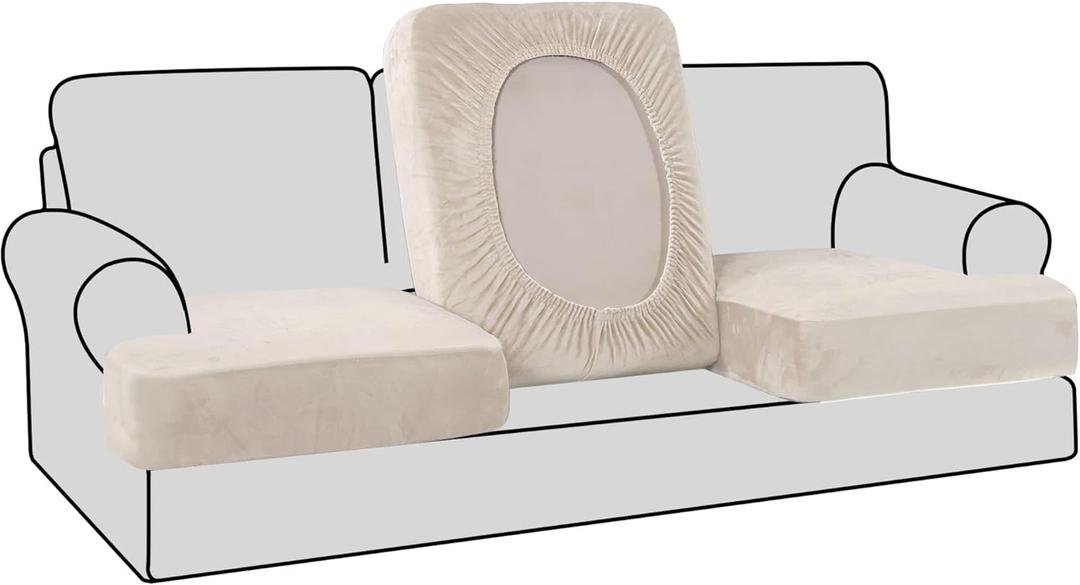H.VERSAILTEX Stretch Velvet 3 Piece T Cushion Sofa Slipcovers Individually Covers for 3 Cushion Couch Seat Cushion Covers for Sofa Seat Cushion Covers Stay in Place(Sofa, Ivory)