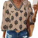 SHEWIN Women's Casual V Neck Floral Print Chiffon Blouses 3/4 Sleeve Boho Summer Tops Shirts (XX-Large, Khaki)