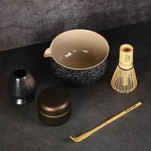 5-Piece Traditional Matcha Set beautifully crafted ceramic Japanese matcha bowl, chasen holder, natural bamboo whisk, spoon, and airtight matcha tin container Perfect for ceremonial-grade matcha