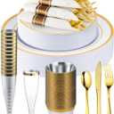 Goodluck 320PCS Gold Disposable Plastic Dinnerware Set for 40 Guests, Include 40 Dinner Plates, 40 Dessert Plates, 40 Napkins with Silverware, 40 Cups, 40 Champagne Glasses, for Christmas, Wedding