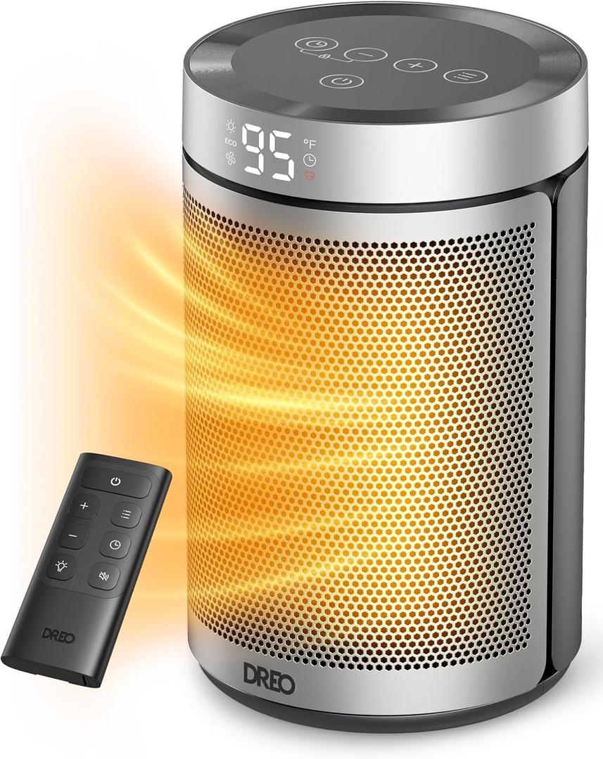 Dreo Space Heater, Portable Electric Heaters for Indoor Use with Thermostat, 112H Timer, Eco and Fan Mode, 1500W PTC Ceramic Safety Heat for Office Bedroom Home, With Remote, Silver