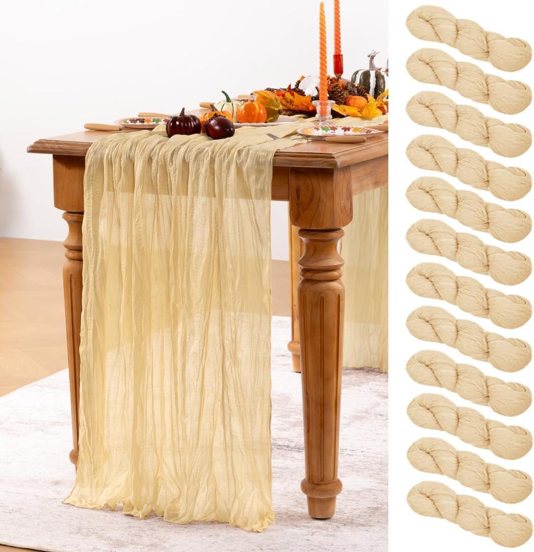 Champagne Gold Cheesecloth Table Runner 12 Pack Christmas Table Runners Boho Gauze 120 Inches Champagne Cheese Cloth Table Decor for Xmas Holiday Season Parties Wedding Bridal Baby Shower