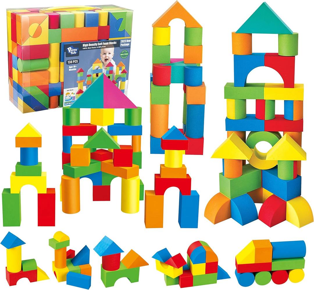 Foam Blocks for Toddlers, 138 Pieces EVA Soft Stacking Building Blocks Toy Set, Early Learning Construction Toys & Gifts for Kids, Boys & Girls 18+ Months 1-3 Years