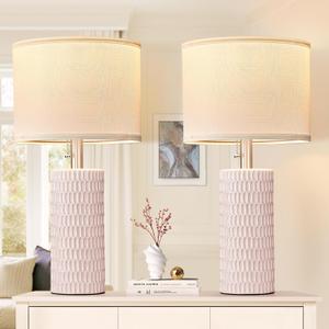 Reaketon Table Lamps for Living Room Set of 2, Ceramic Table Lamps for Bedroom, 20" Modern Lamps for Night Stands, Pink
