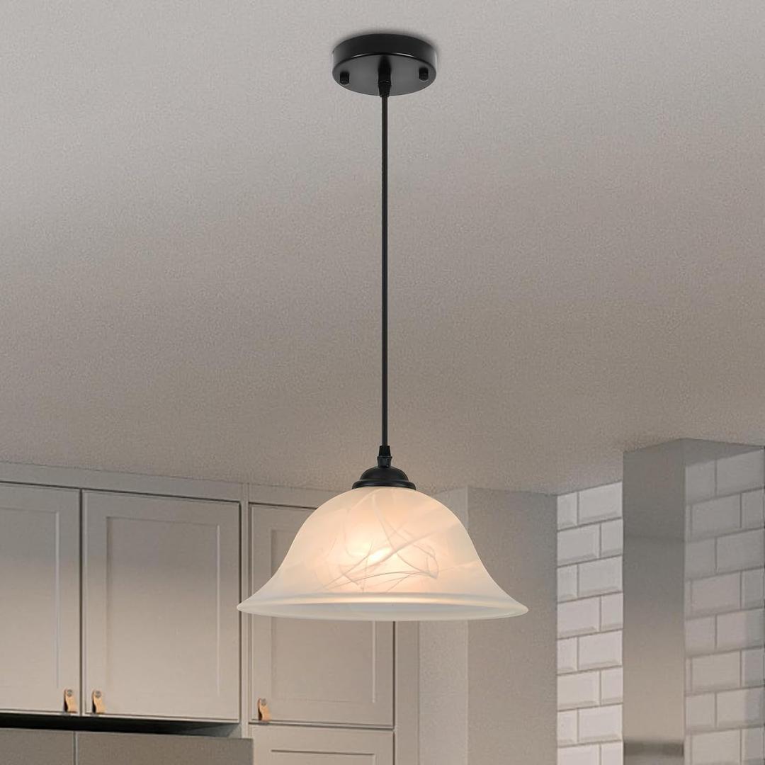 Kitchen Pendant Lights Over Island, 11.8 Inch Alabaster Pendant Light with Frosted, Glass Kitchen Hanging Lights 1 Pack, Black Farmhouse Pendant Lights for Kitchen, Dining Room