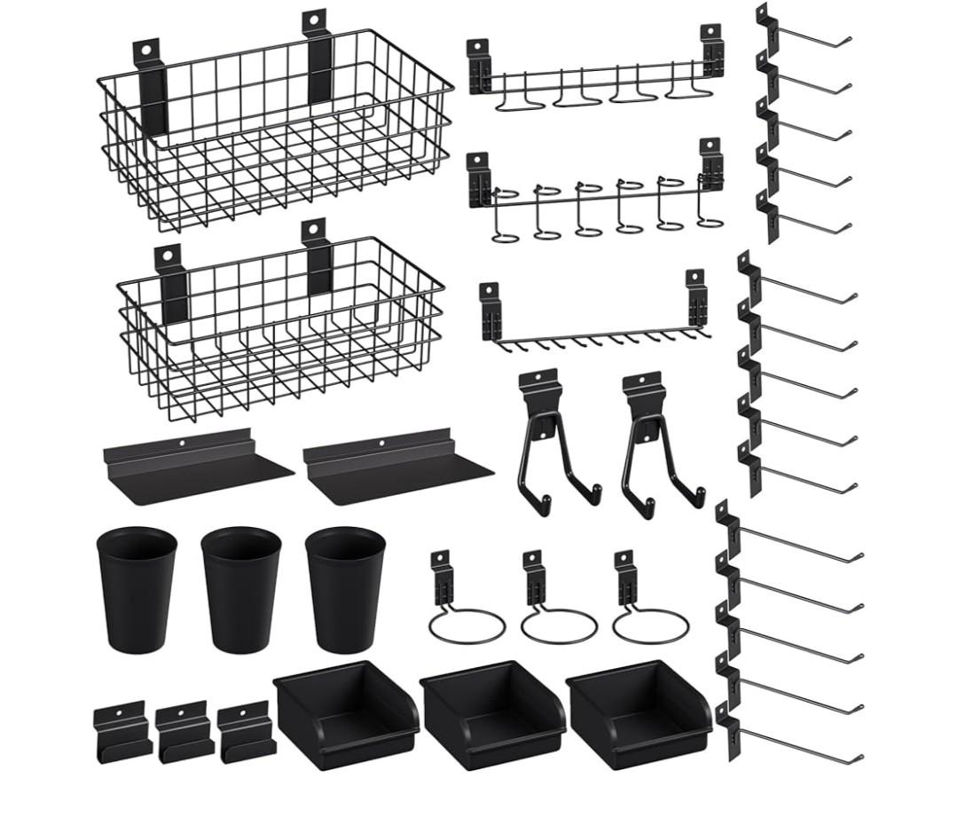 INCLY 30PCS Slatwall Accessories Set with Slatwall Baskets, Slatwall Hooks, Slatwall Shelves, Slatwall Bins, Slatwall Cups, Heavy Duty Slat Wall Accessory for Garage Room Shop Organizing Display