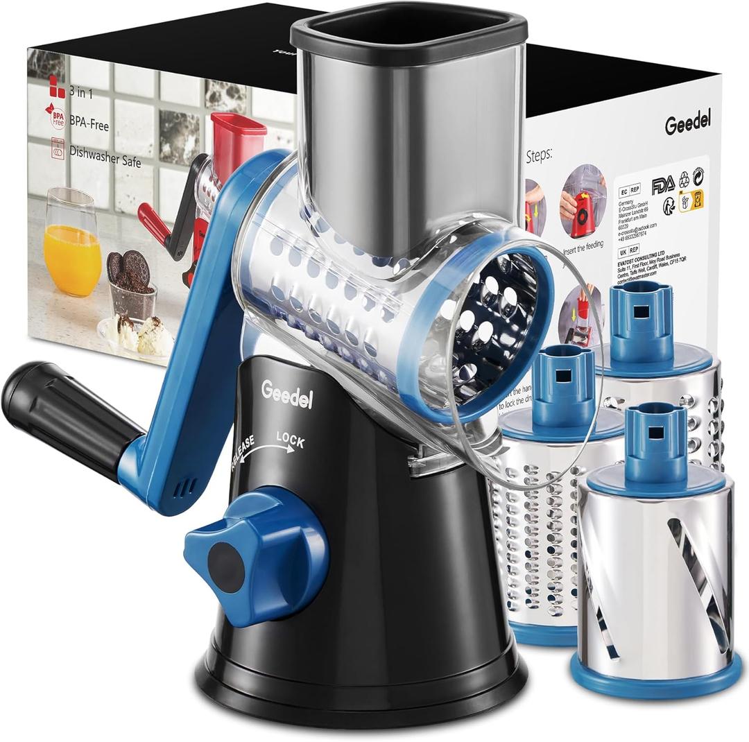 Geedel Rotary Cheese Grater, Kitchen Mandoline Vegetable Slicer with 3 Interchangeable Blades, Easy to Clean Rotary Grater Slicer for Fruit, Vegetables, Nuts