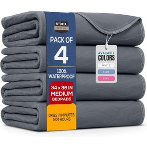 Utopia Bedding Washable Underpads 34" x 36" (Pack of 4), Waterproof Reusable Heavy Absorbency Incontinence Bed Pads for Adults, Kids, Elderly and Pets, Bedwetting Pads for Sofa and Couch (Grey) (Gray)