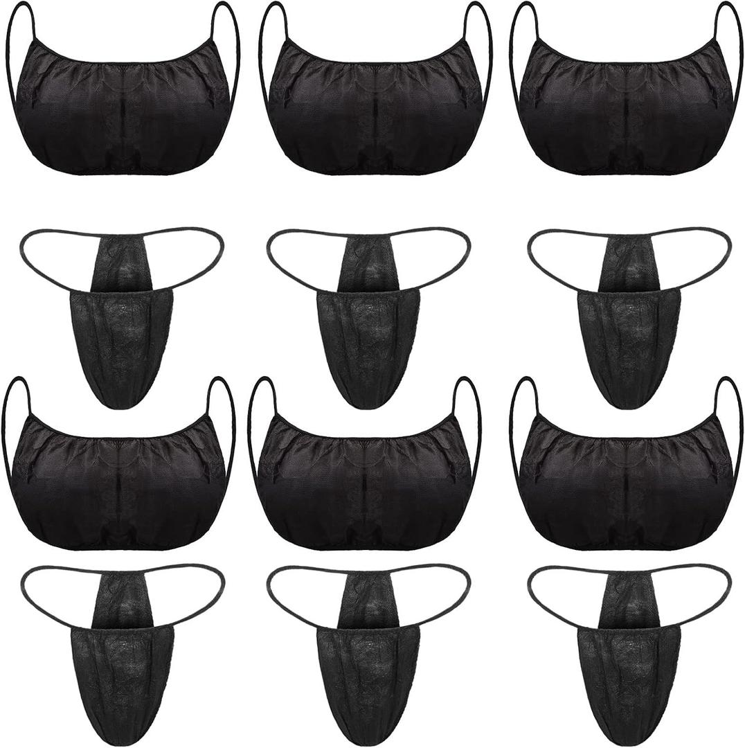 Yahenda 50 Pieces Disposable Bras and Panties for Spa Women Disposable Bikini Thong Underwear (Black With Black Tie)